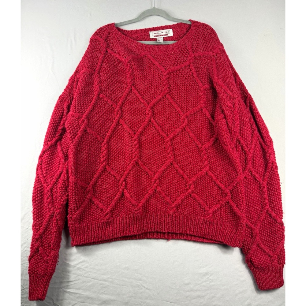 john ashford wool cable-knit crew neck red pullover sweater, men's large